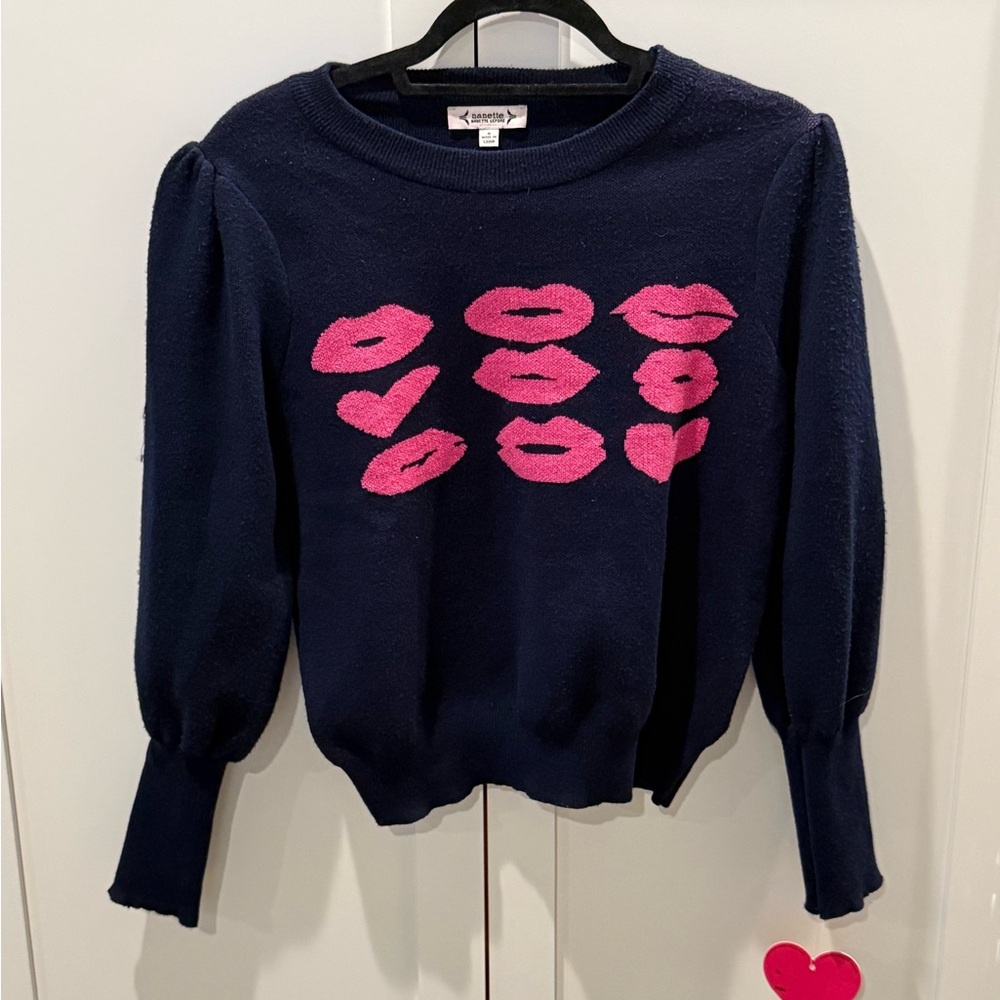 Nanette Lepore Navy Sweater with Pink Lip Pattern